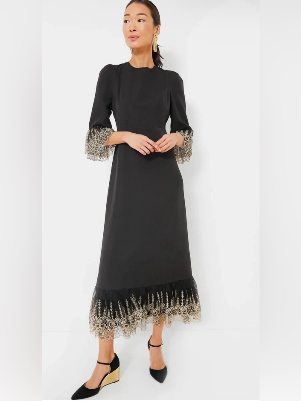 Pomander Place Elegant Black Dress with Gold Lace Trim medium
